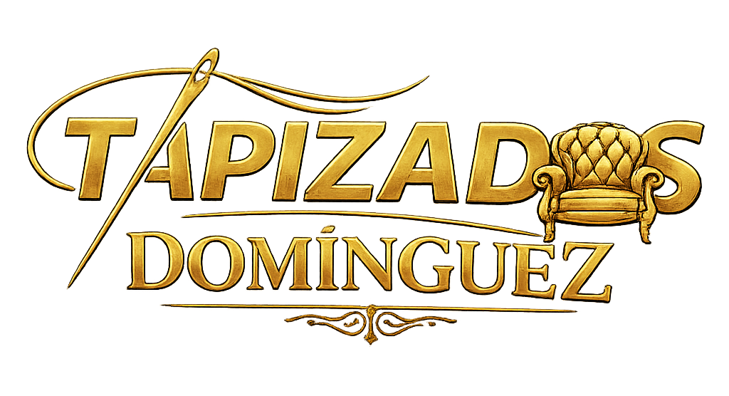 Logotipo de Tapizados Domínguez en oro con sofá estilizado y letras ornamentadas.