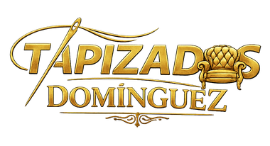 Logotipo de Tapizados Dom&iacute;nguez en oro con sof&aacute; estilizado y letras ornamentadas.