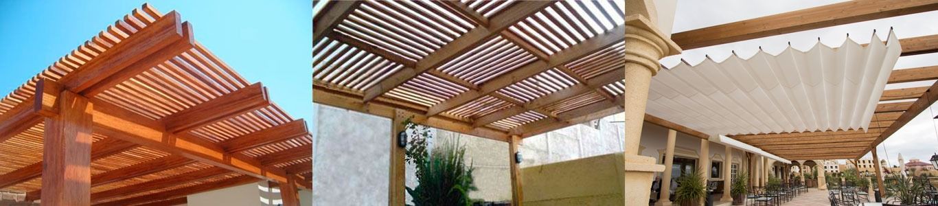 Un collage de tres fotografías de una pérgola de madera.
