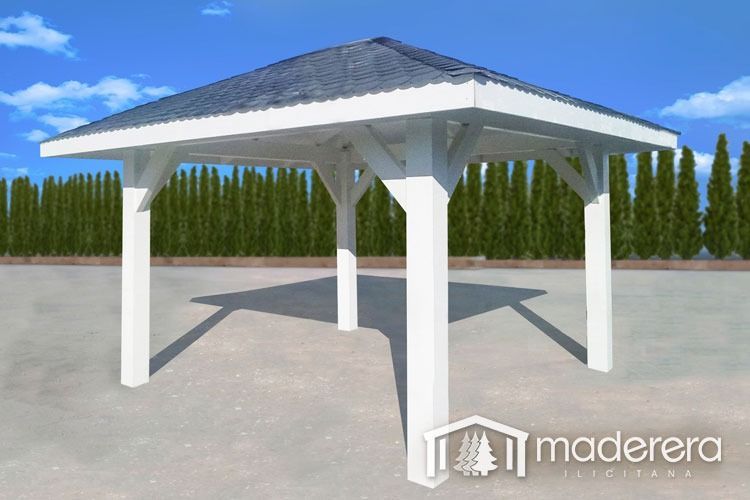 Un cenador de madera con techo de madera.