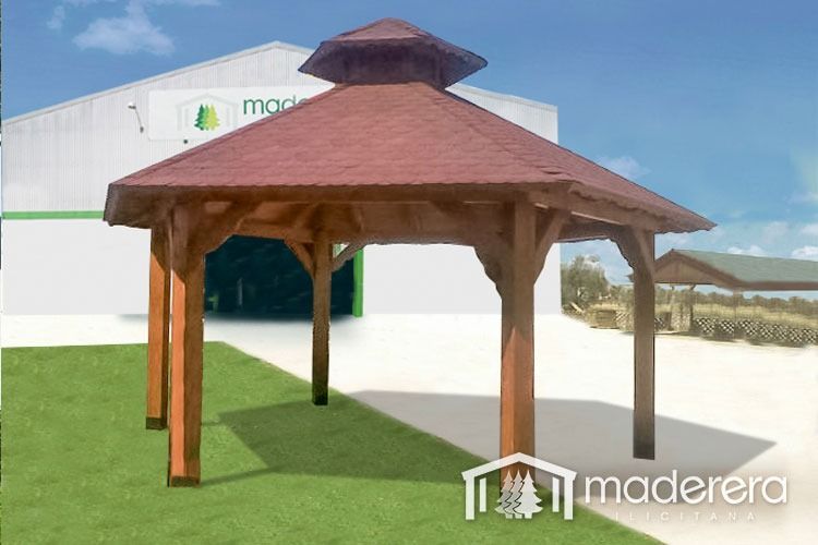 Un mirador de madera con techo rojo está frente a un edificio que dice madera.