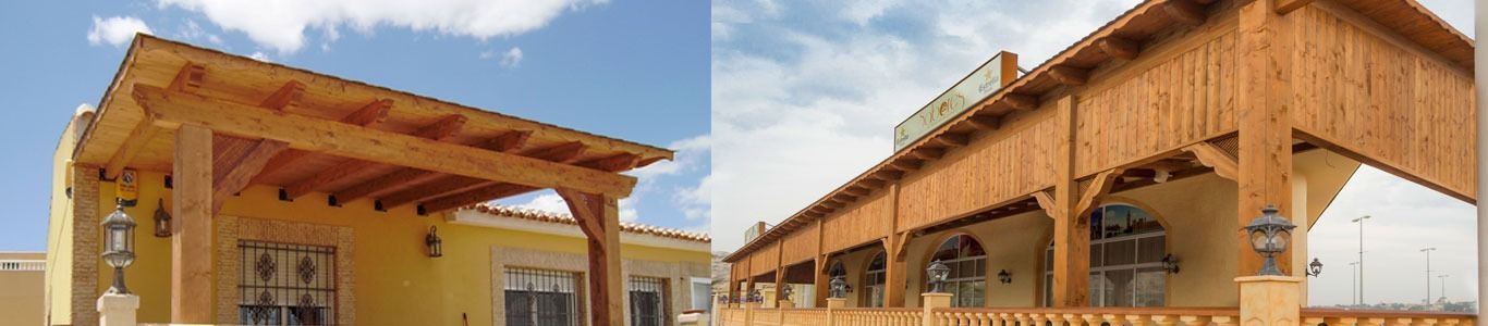 Una casa con techo de madera y un porche de madera.