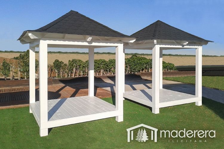 Un mirador blanco con techo negro y la palabra madera en la parte inferior.