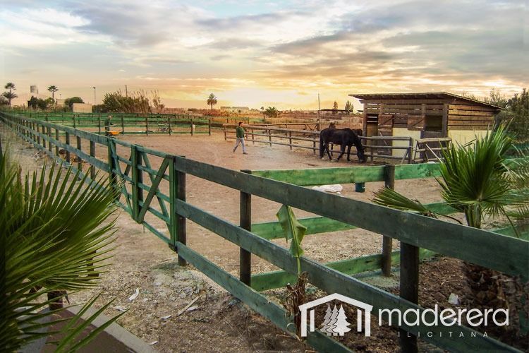 Una valla de madera rodea un establo con caballos dentro.