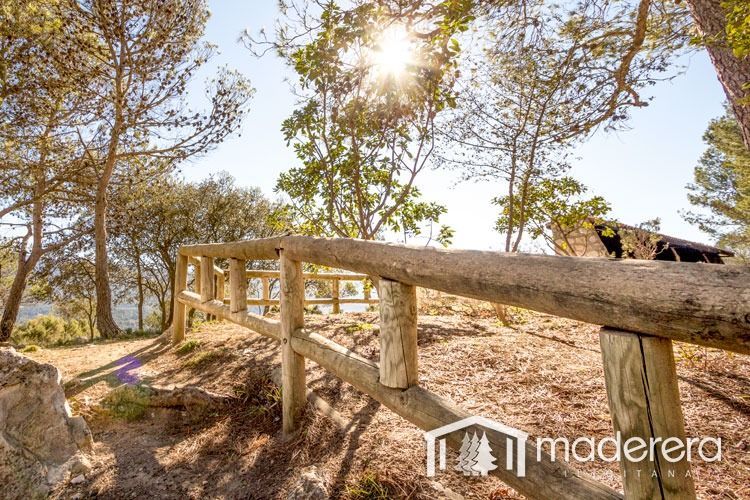 Un perro está sentado en una valla de madera en el bosque.