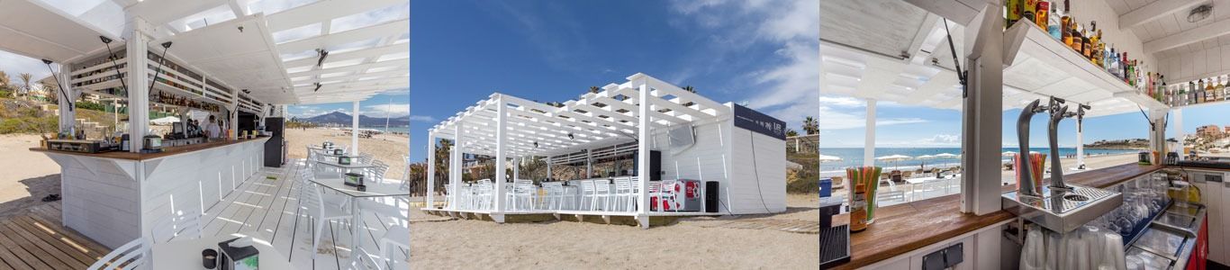 Un collage de tres fotografías de un edificio blanco en una playa.