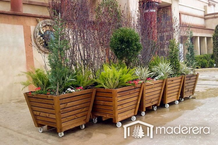 Una hilera de jardineras de madera llenas de plantas frente a un edificio.