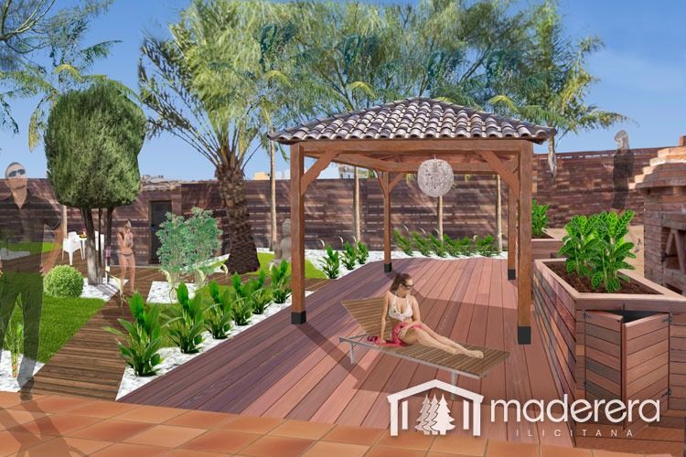 Impresión artística de una terraza de madera con pérgola.