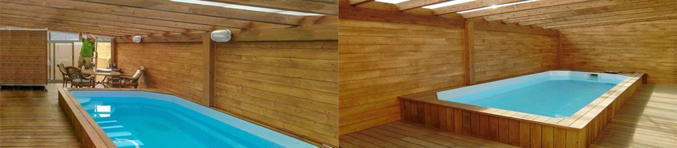 Dos fotografías de una piscina y una bañera.