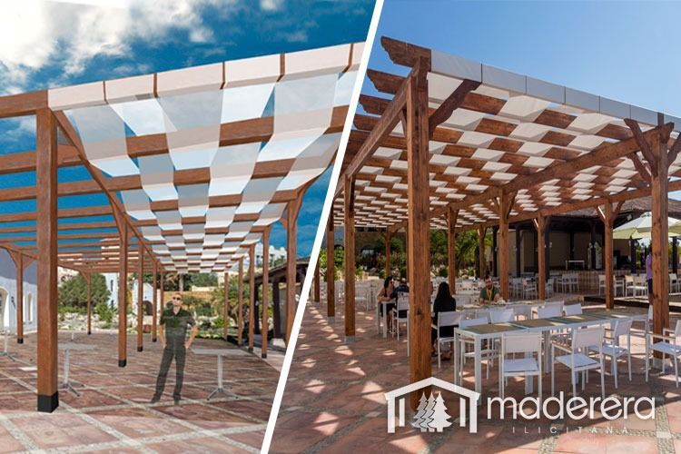 Un hombre está de pie bajo una pérgola de madera al lado de un restaurante.