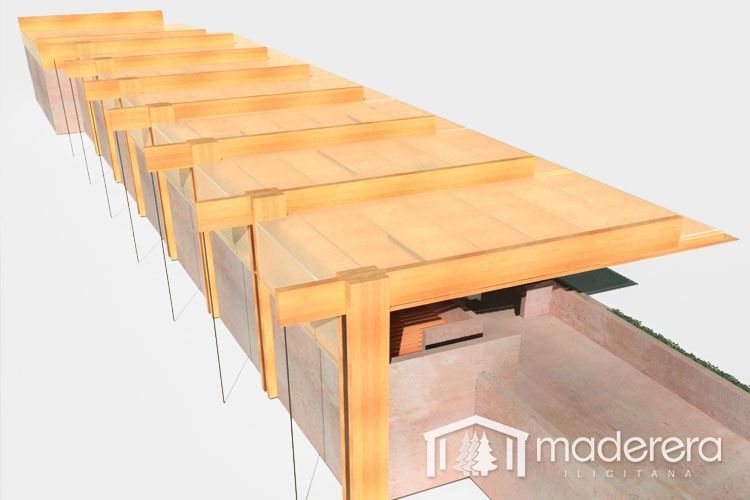 Un modelo 3D de una estructura de madera con la palabra madera en la parte inferior.