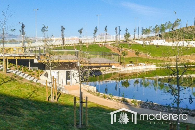 Hay un lago en el medio de un parque.