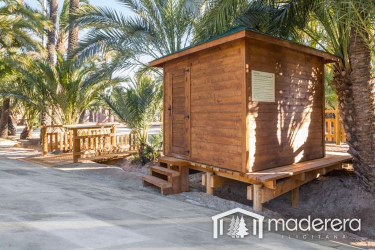 Un pequeño cobertizo de madera está situado al lado de una palmera.
