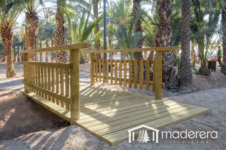 Un puente de madera rodeado de palmeras en un parque.