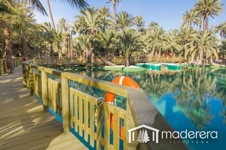 Un puente de madera sobre un cuerpo de agua con palmeras al fondo.