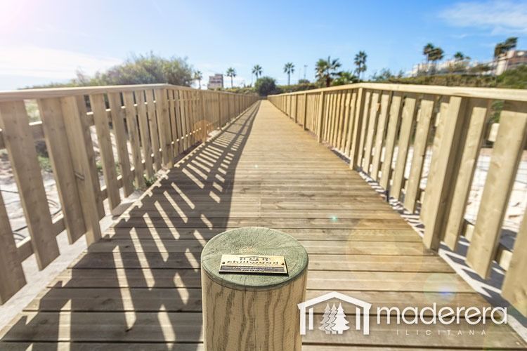 Una pasarela de madera que conduce a una playa con palmeras al fondo.