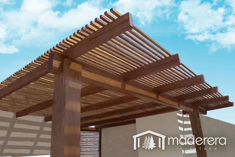 Una pérgola de madera con la palabra madera en la parte inferior.