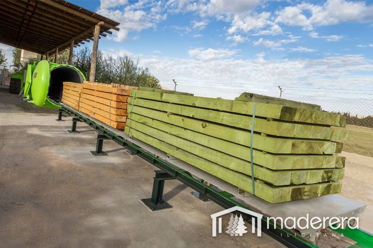 Una cinta transportadora llena de pilas de madera verde