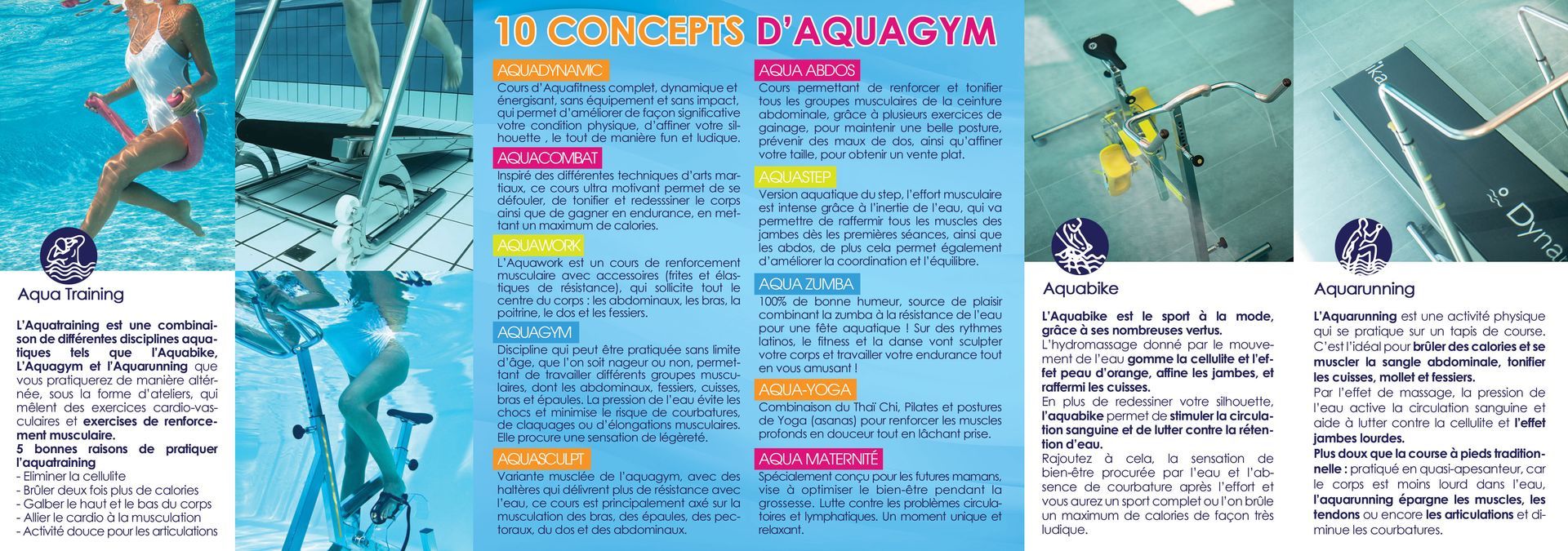 Un dépliant informatif autour des 10 concepts d'aquagym.