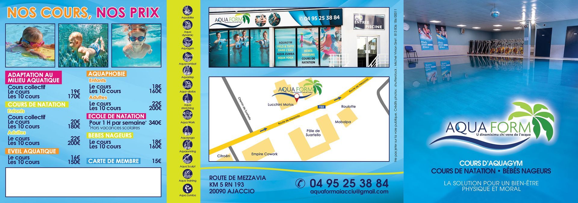 Brochure du centre aquatique Aquaform, présentant des photos des piscines, les tarifs des services et les coordonnées.