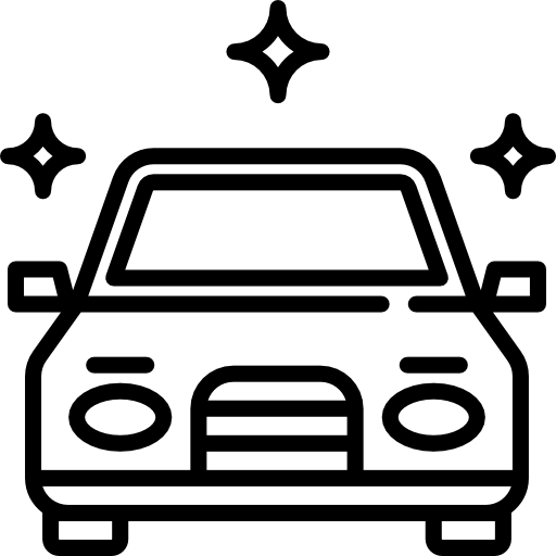Ein schwarz-weißes Symbol eines Autos mit Sternen darauf.