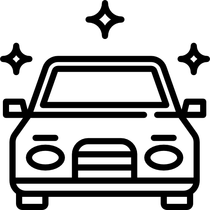 Ein schwarz-weißes Symbol eines Autos mit Sternen darauf.