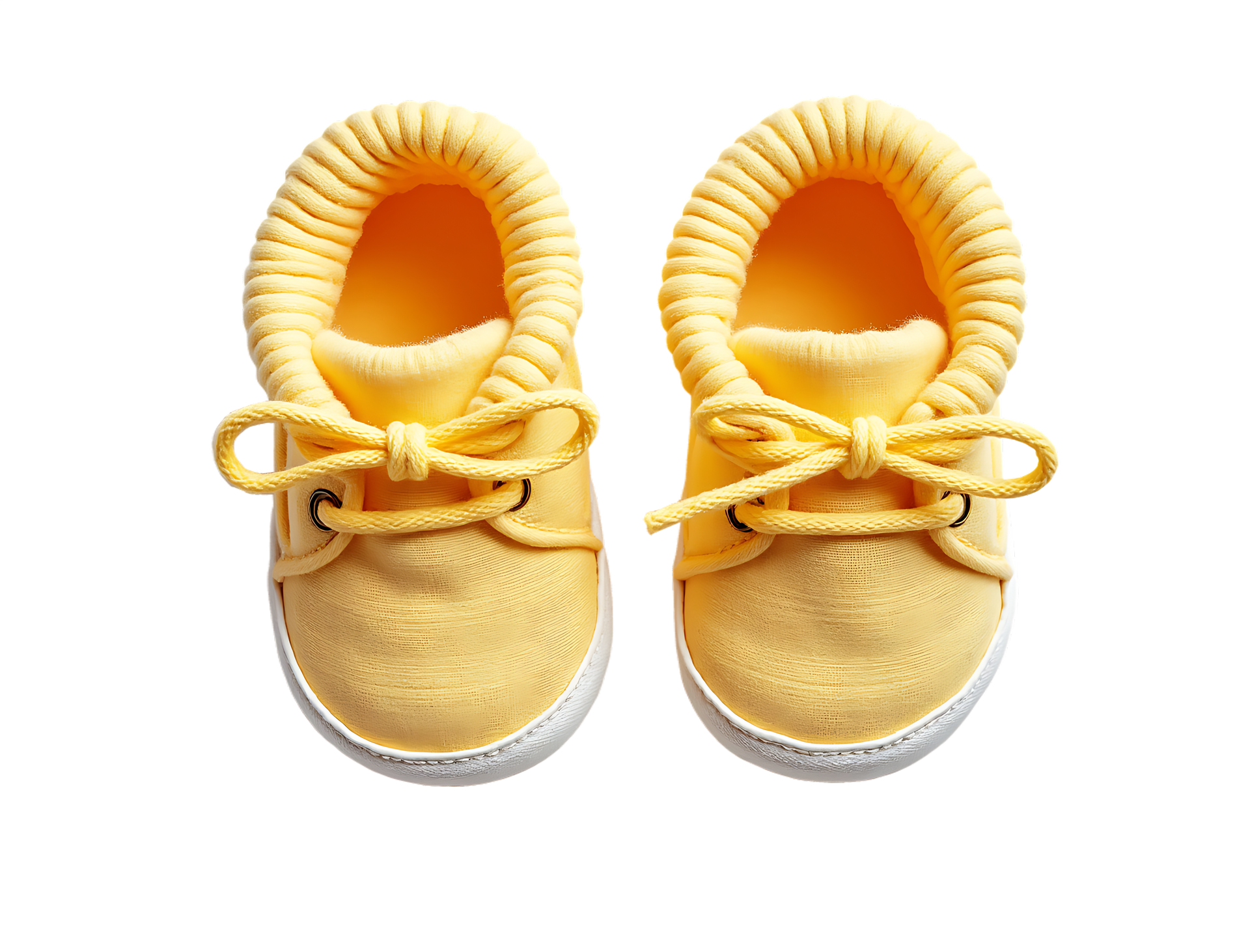 Paire de baskets jaunes pour bébé à semelles blanches, vues de dessus sur fond blanc