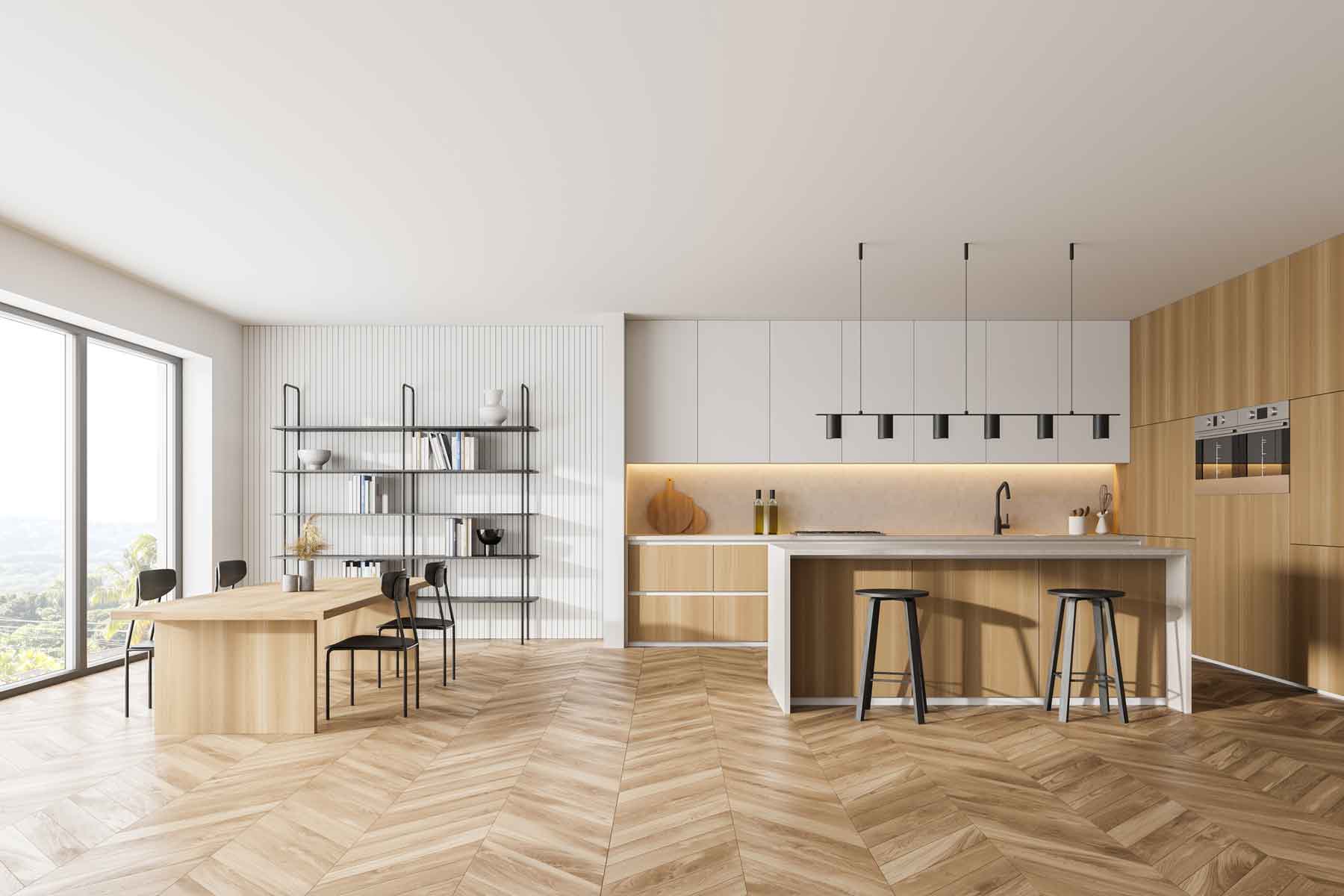 Cuisine avec parquet en bois dans des tons clairs