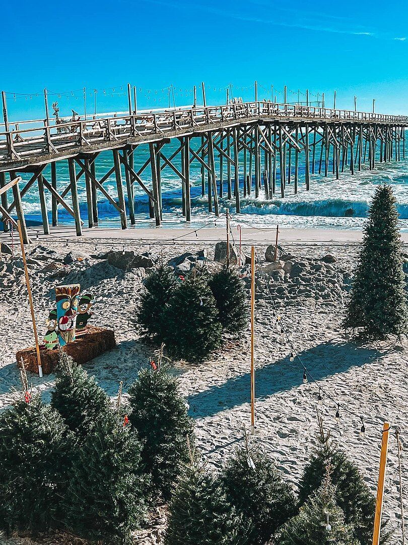 Snow-covered pier extends over turquoise water; snow-dusted trees in the foreground against a bright blue sky.