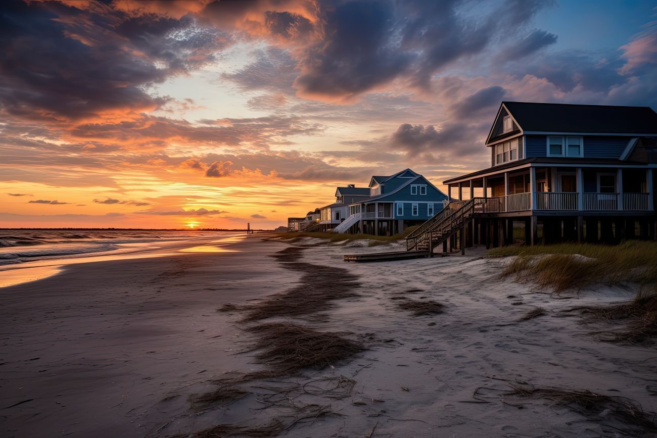 Beach houses at sunset with colorful sky.
