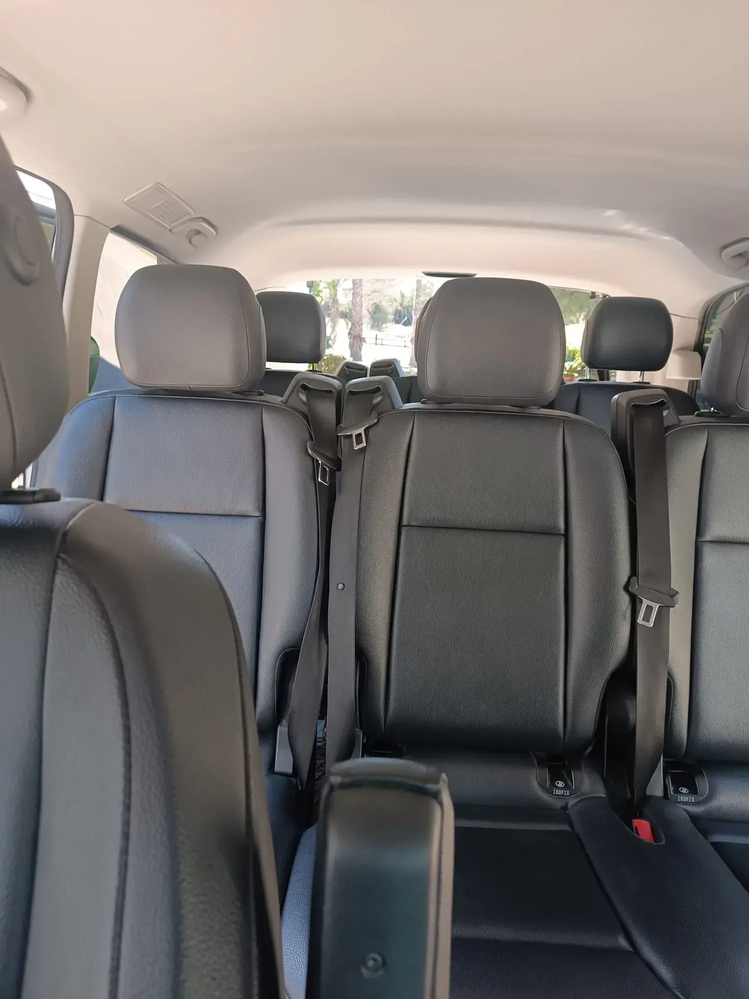 Asientos traseros de un coche, tapizados en cuero gris oscuro. Se ven tres reposacabezas y cinturones de seguridad.