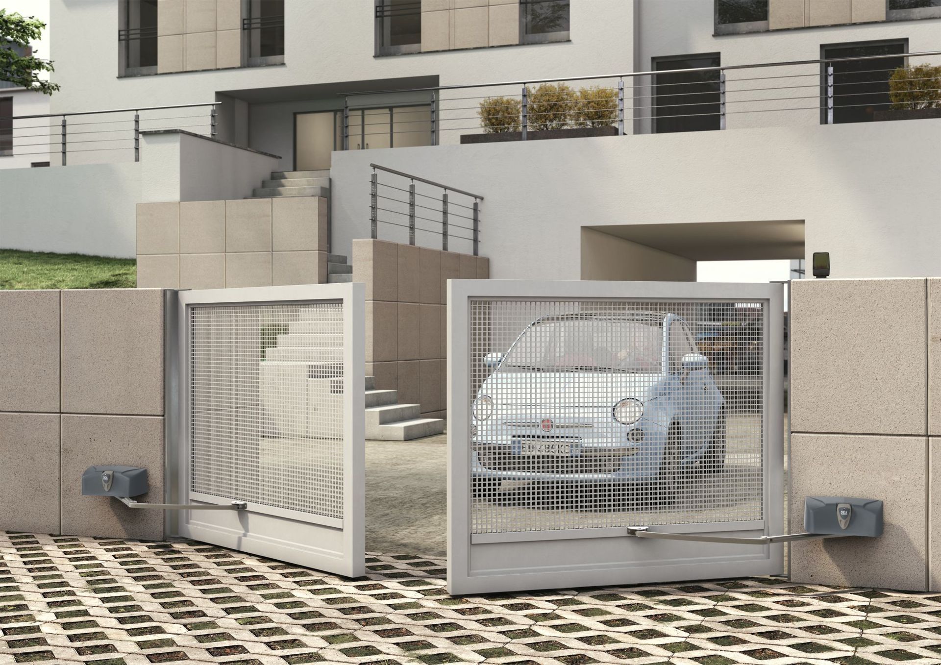 Portail métallique battant motorisé qui s'ouvre pour laisser passer une voiture