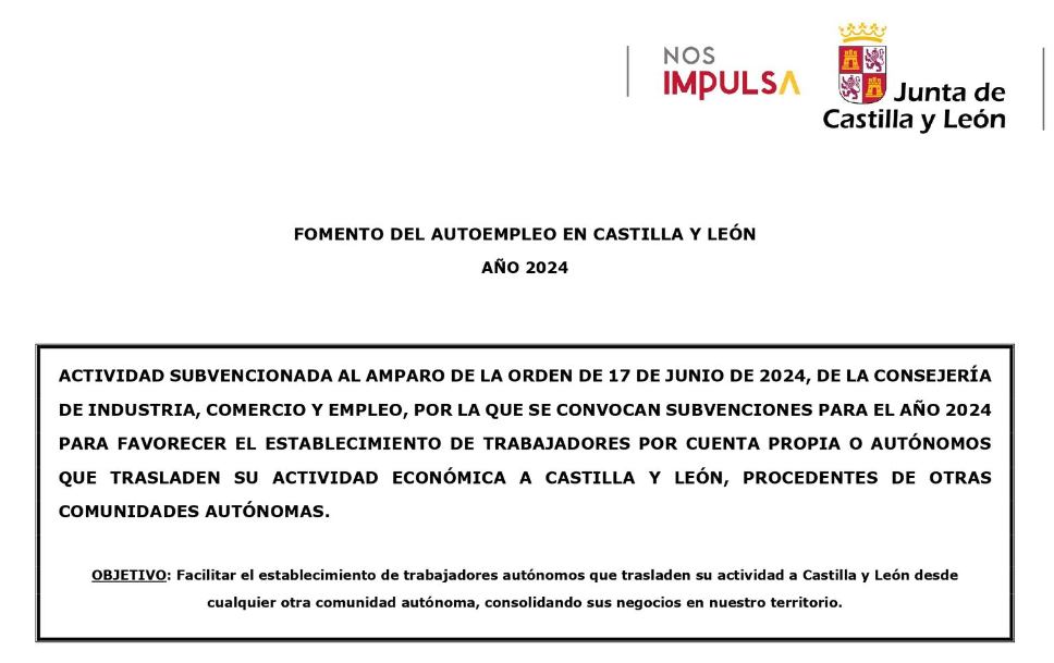 Documento de fomento del trabajo autónomo en Castilla y León, 2024. Incluye logotipos del gobierno 
