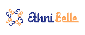 Logotipo de EthniBelle en azul y naranja con un icono floral.