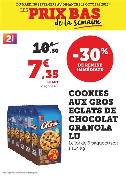 Cookies aux gros éclats de chocolat Granola LU, le lot de 6 paquets (soit 1,104 kilogramme) : - 30 % de remise immédiate, 7,35 € le lot à la place de 10,50 €, le kilogramme à 6,66 €.