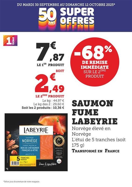 Saumon fumé Labeyrie, élevé en Norvège, étui de 5 tranches (soit 175 grammes), transformé en France : - 68 € de remise immédiate sur le 2ème produit, 7,87 € le 1er produit soit 2,49 € le 2ème produit. Le kilogramme à 44,97 €, le kilogramme des 2 à 29,60 €, soit les 2 produits à 10,36 €.