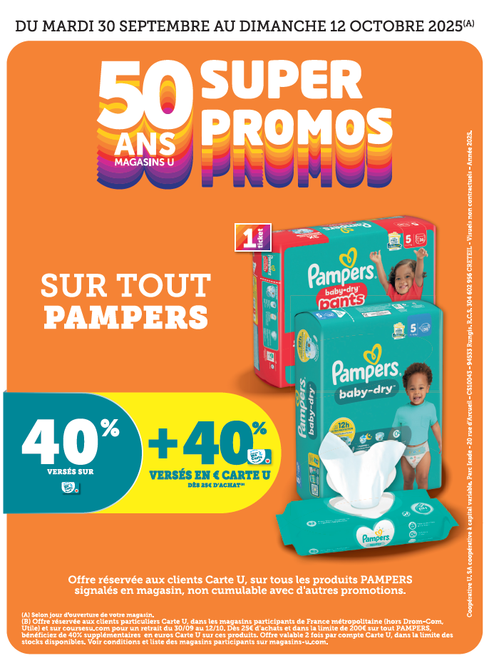 Sur tout Pampers : 40 % versés en carte U + 40 % versés en € carte U dès 25 € d'achat. Offre réservée aux clients Carte U, sur tous les produits PAMPERS signalés en magasin, non cumulable avec d'autres promotions.