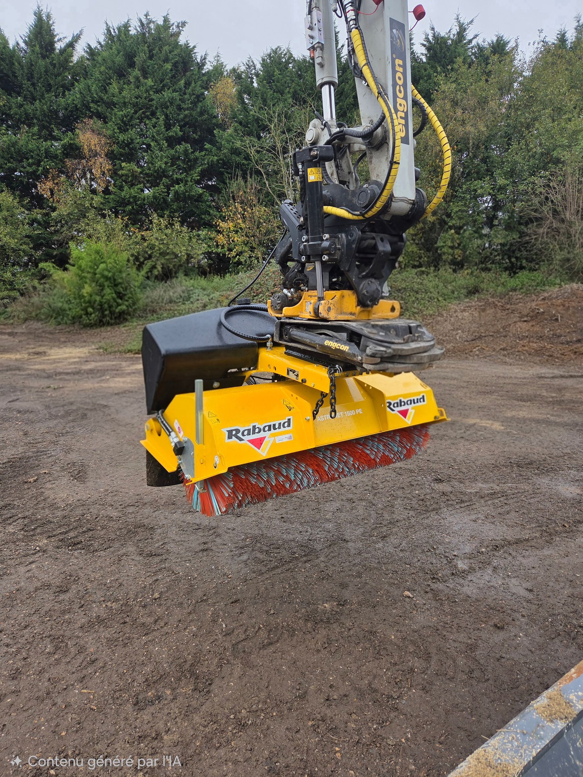 Une machine jaune d'entretien des routes lisse le gravier sur une surface de terre à l'extérieur.