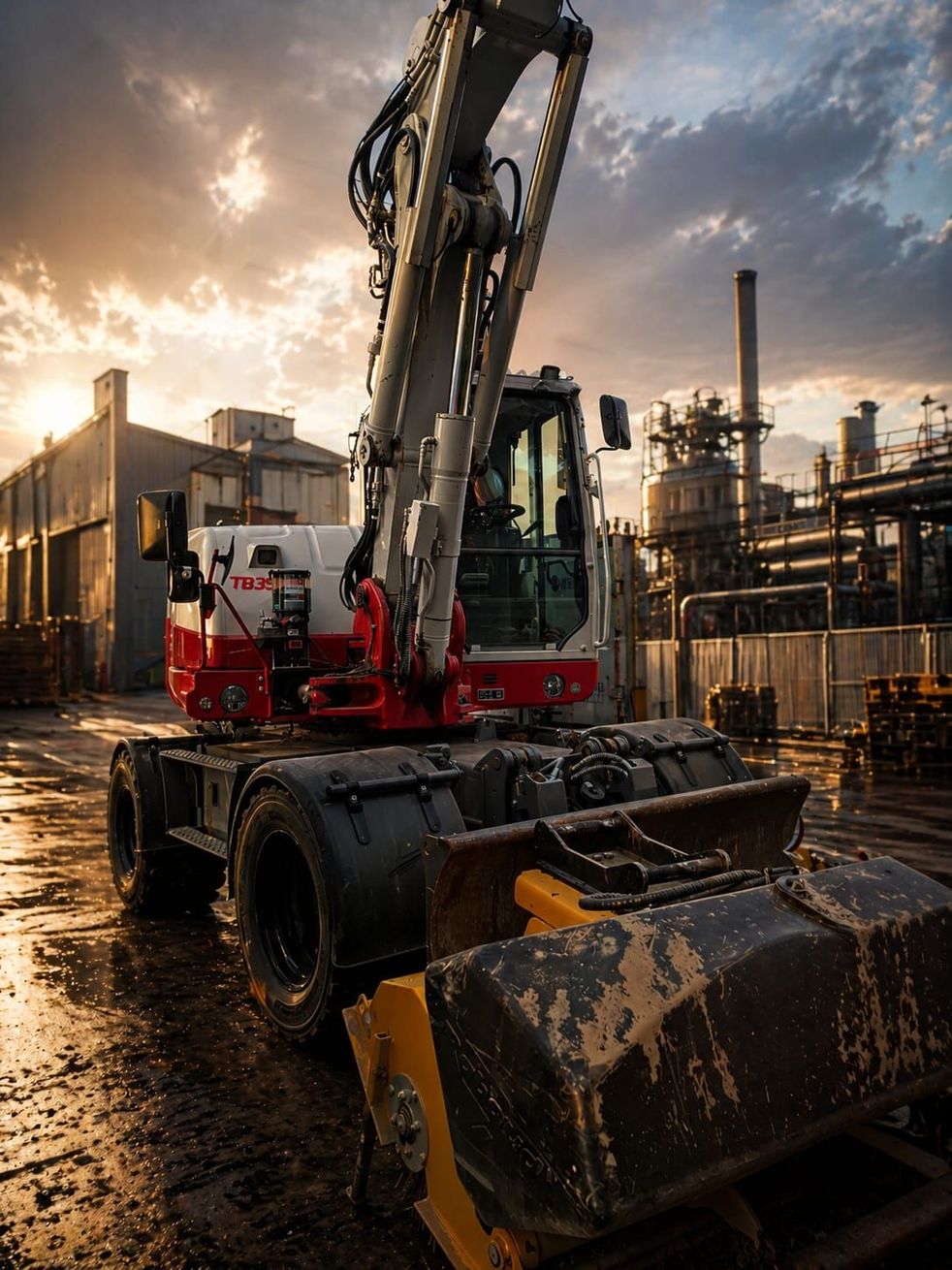 Une grosse pelleteuse jaune sur un chantier boueux au coucher du soleil, avec des bâtiments industriels en arrière-plan.