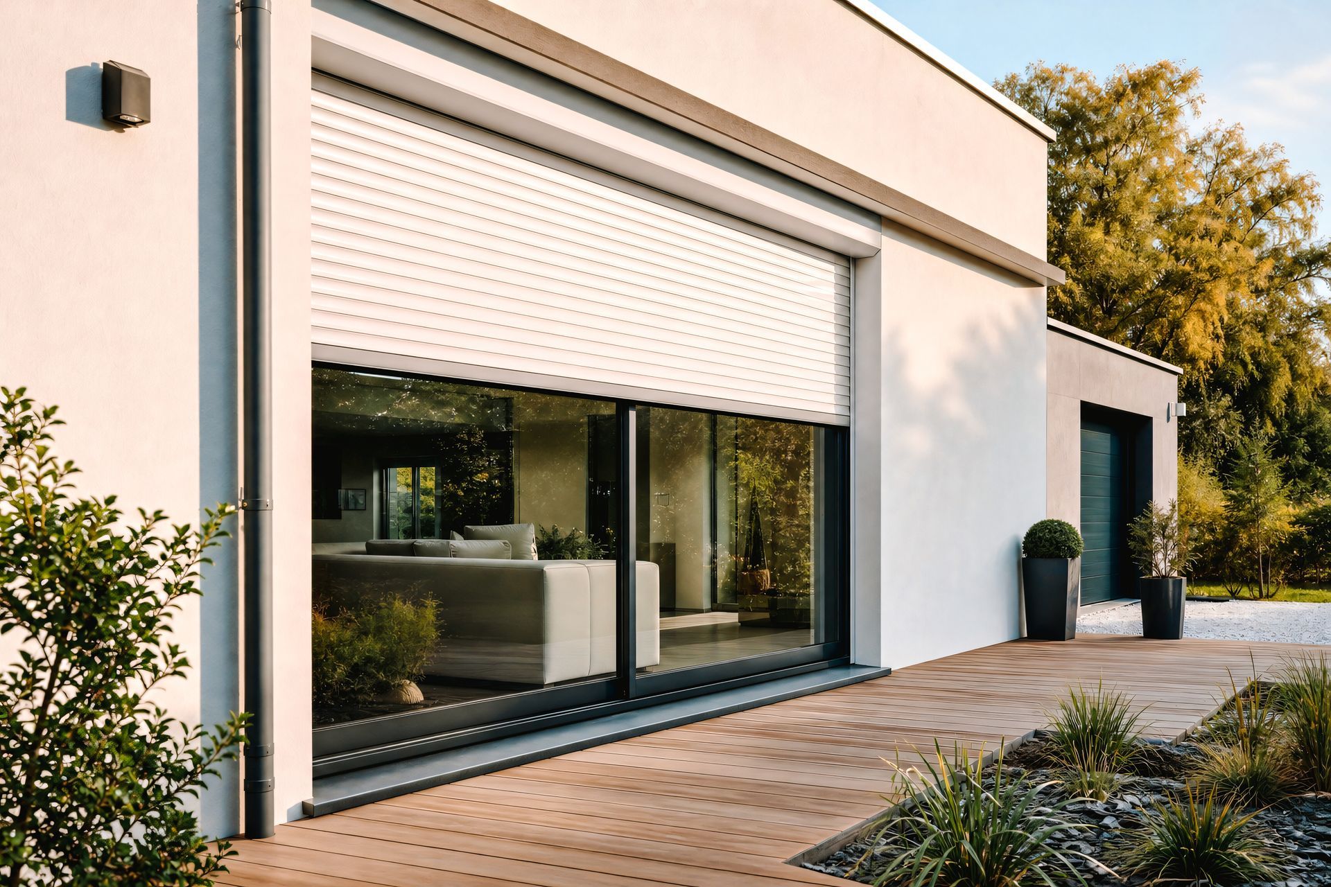 Maison blanche moderne avec de grandes portes coulissantes en verre et une fenêtre à volet roulant.