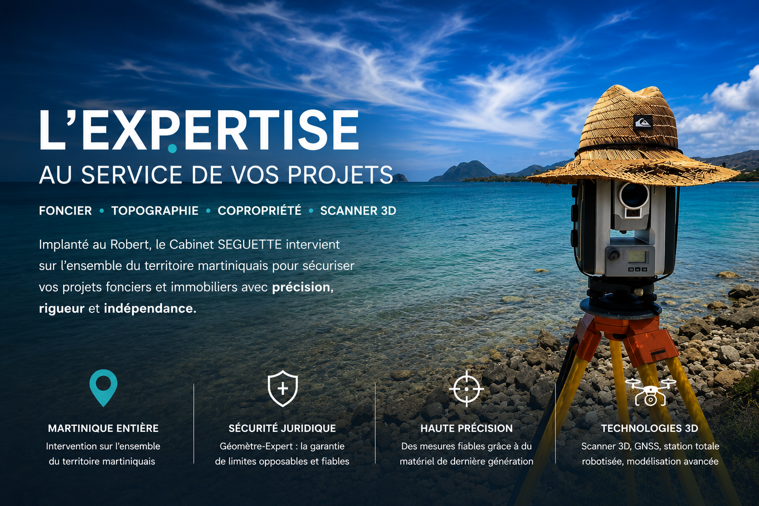 Annonce de service de topographie avec instrument monté sur trépied en bord de mer et texte en français sur l'expertise pour les projets