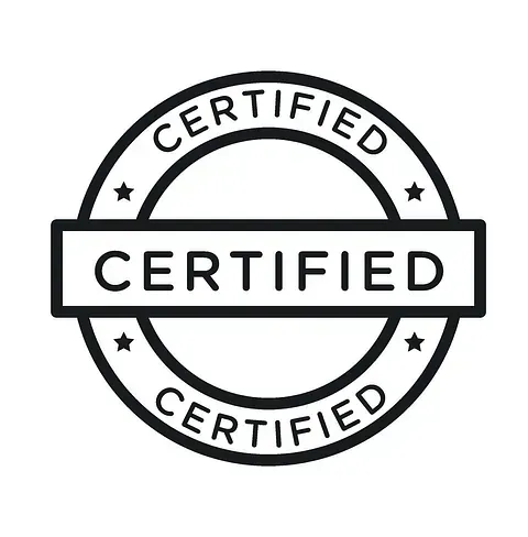 Sello “CERTIFICADO” en blanco y negro con texto en círculo y rectángulo.