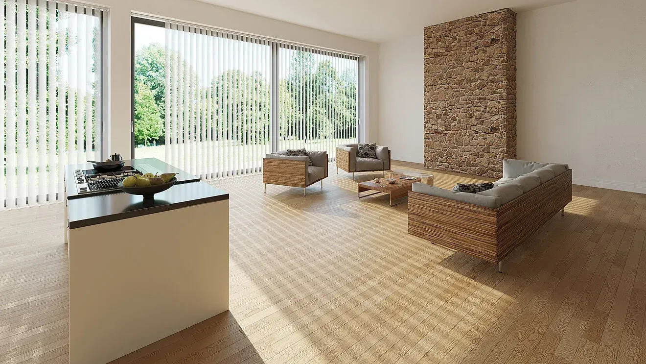 Wohnzimmereinrichtung mit stilvollen Designermöbeln und individueller Wandverkleidung in Steinoptik