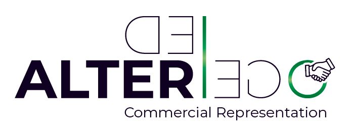 El logotipo de Alter Edge, una empresa de representación comercial, presenta texto, figuras estilizadas y un ícono