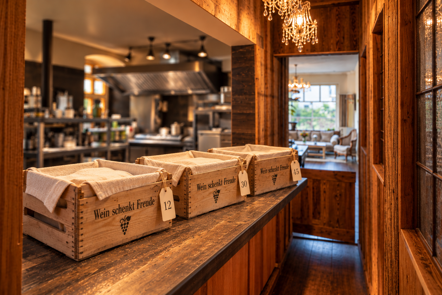 Holztabletts mit Backwaren auf einer Theke in einer gemütlichen Restaurantküche, Ansicht