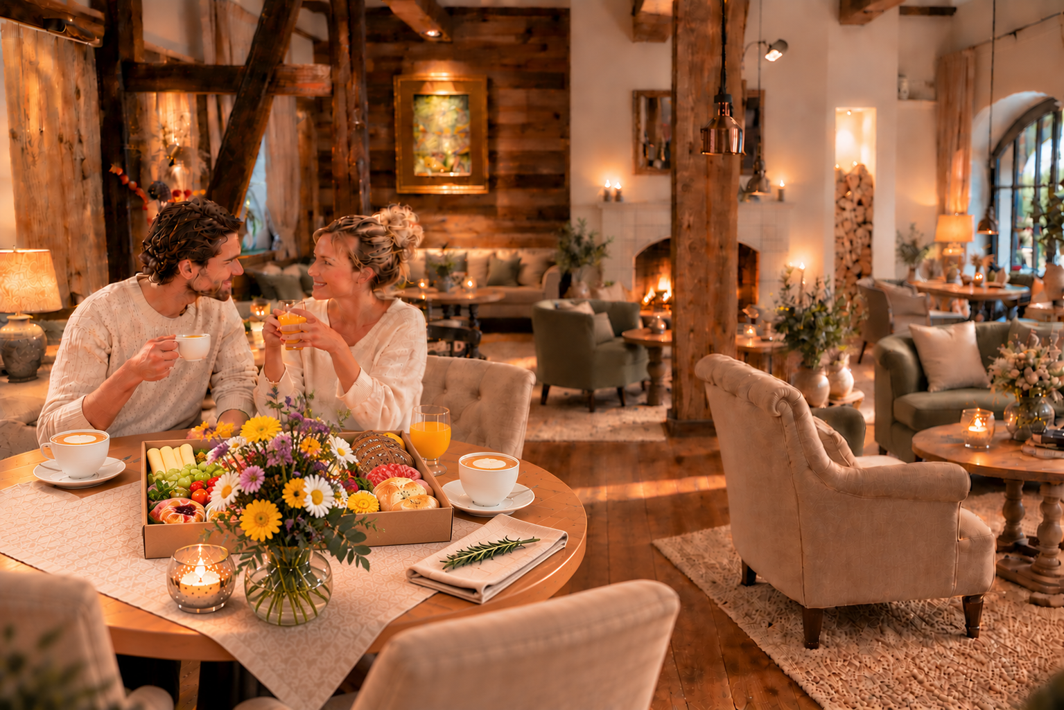 Paar beim Essen an einem Tisch im Kerzenschein in einem gemütlichen, rustikalen Restaurant mit Blumen und sanfter Ambientebeleuchtung