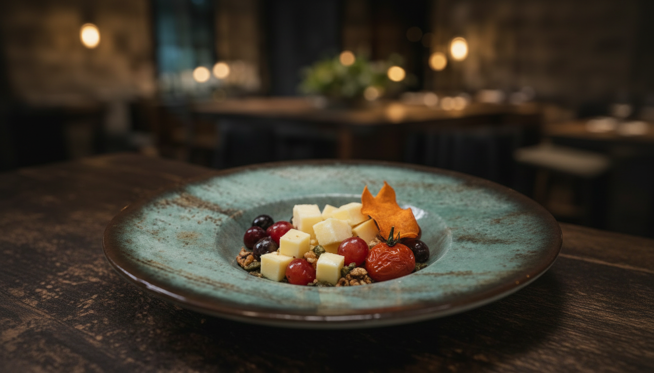 Ein Holzbrett mit Käse, Oliven, Tomaten und anderen Lebensmitteln steht auf einem Tisch.