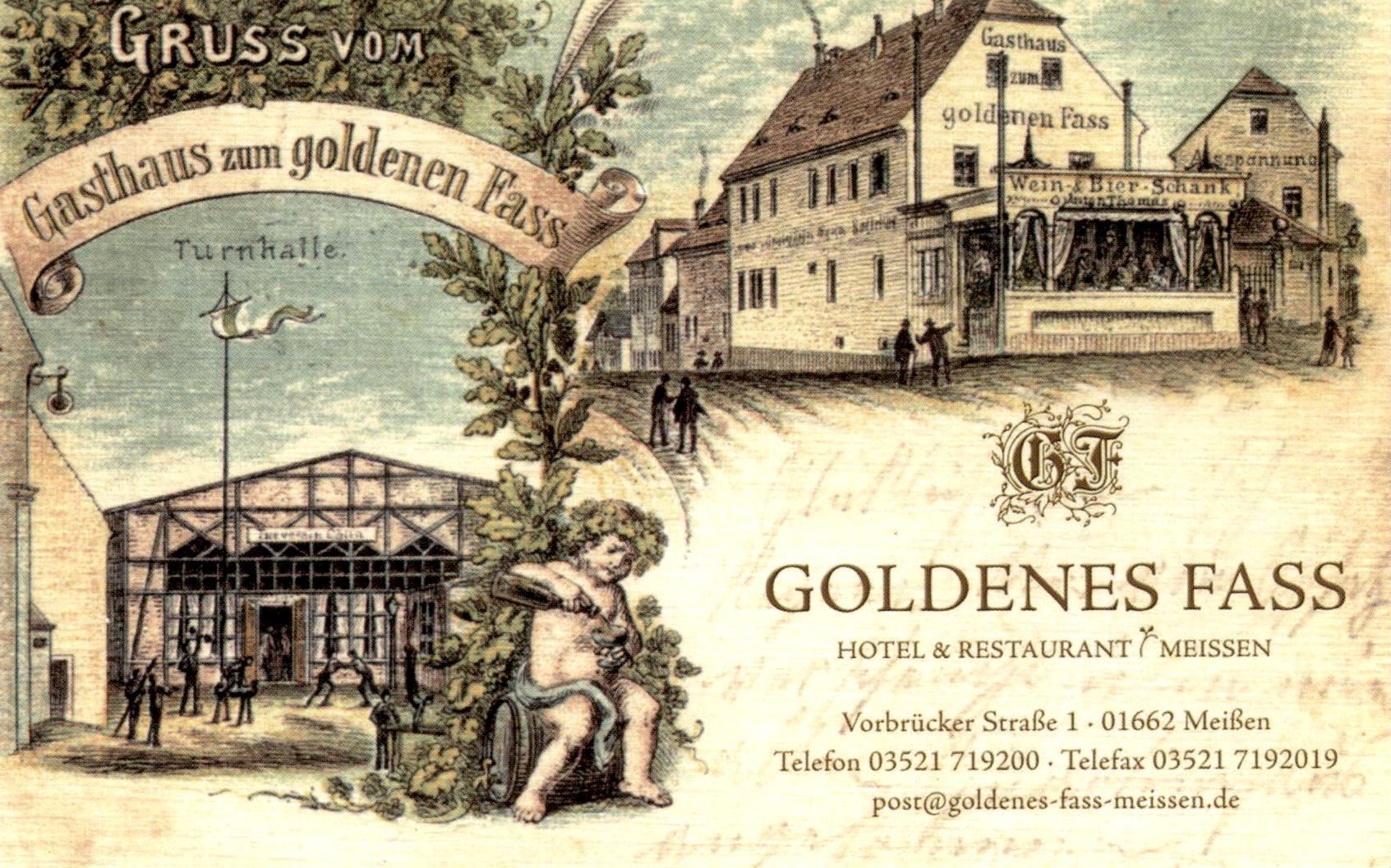 Vintage-Postkarte: Hotel & Restaurant „Goldenes Fass“ in Neissen, Deutschland, mit Abbildungen des Gebäudes und eines Outdoor-Fitnessstudios.