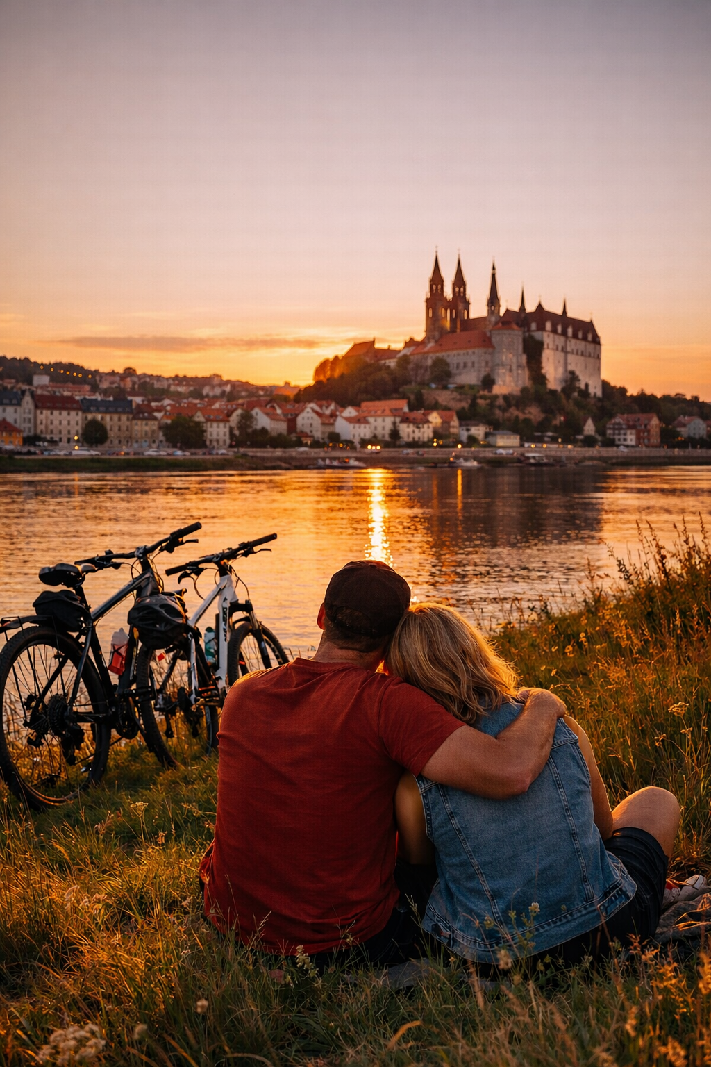 Ein Paar sitzt bei Sonnenuntergang an  der Elbe und blickt auf Albrechtsburg und Stadt; hinter ihnen sind Fahrräder geparkt.
