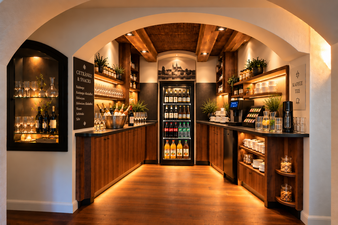 Gemütliche Weinbar mit Holzregalen, Rundbogentür, Flaschen, Gläsern und warmem, stimmungsvollem Licht